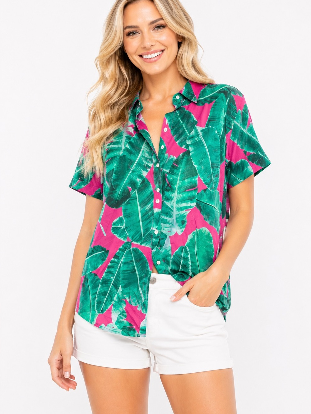NWT Buddy Love Size Large Tropical Green and Pink Leaf Print‎ Womens Shirt